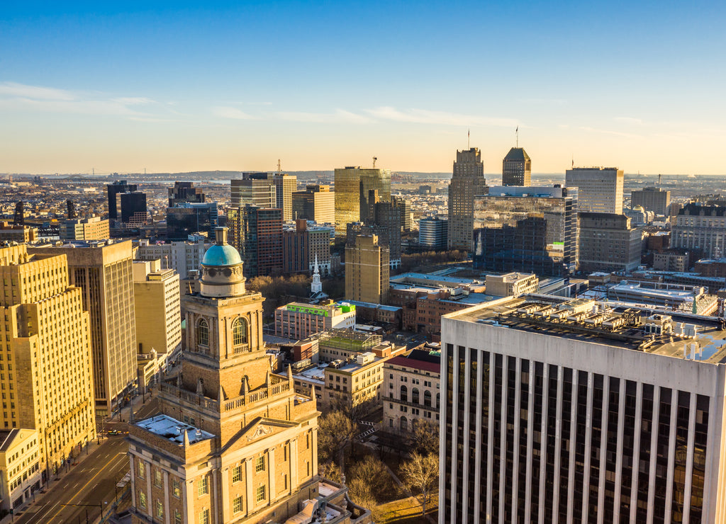 Aerial view of Newark New Jersey skyline on late sunny afternoon