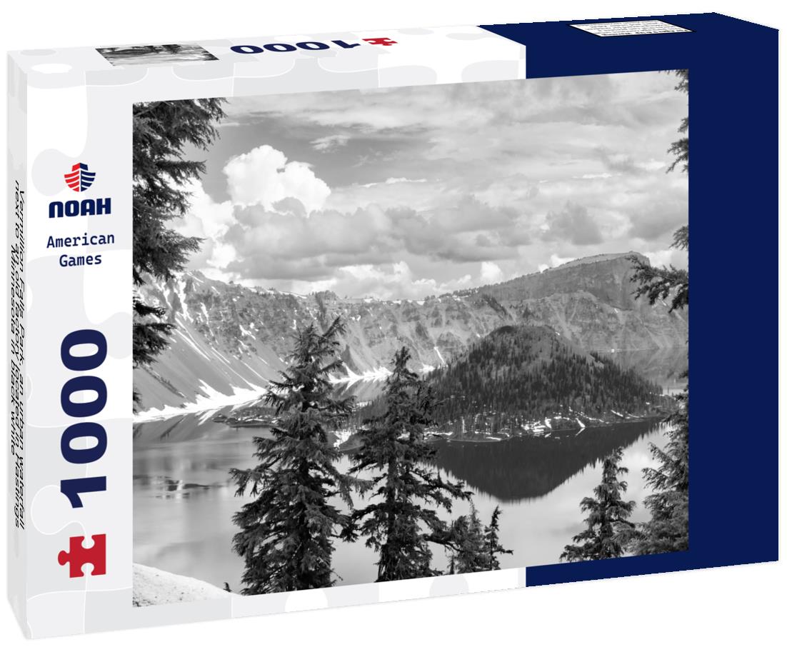 Noah Jigsaw Puzzle Vermillion Falls Park, an urban waterfall next to an old factory located in Hastings, Minnesota in black white 1000 pieces