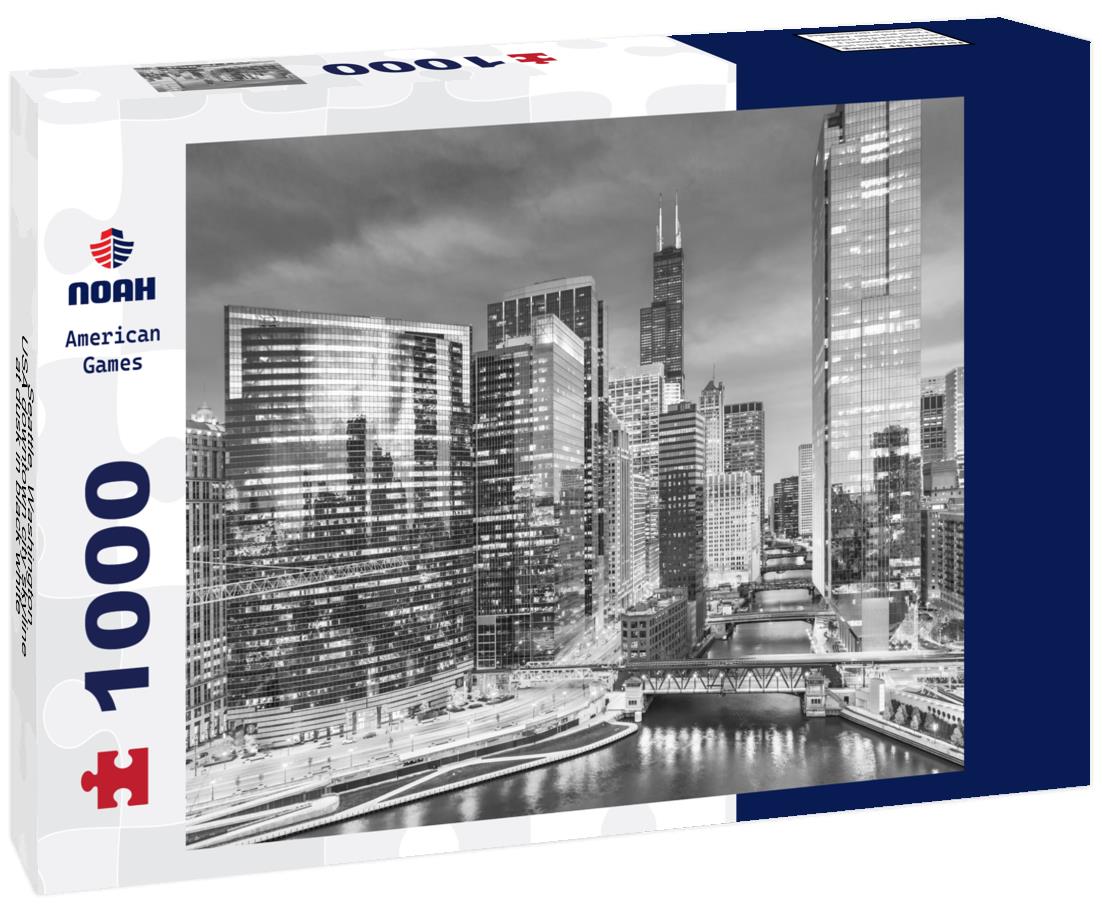 Noah Jigsaw Puzzle Seattle, Washington, USA downtown city skyline at dusk in black white 1000 pieces