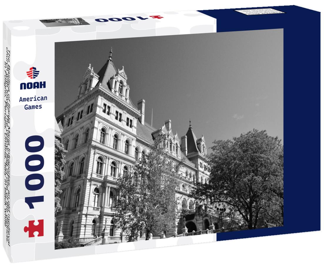 Noah Jigsaw Puzzle The Basilica of Santa Maria Infraportas, an old medieval church with tower. The yellow flag of one of the districts. In Foligno, Perugia, Umbria, Italy in black white 1000 pieces