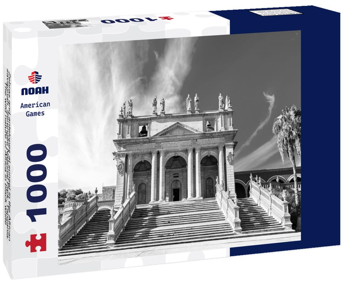 Noah Jigsaw Puzzle Zebras and antelopes at sunset in the African savannah. Serengeti National Park. Tanzania. The wild nature of Africa in black white 1000 pieces