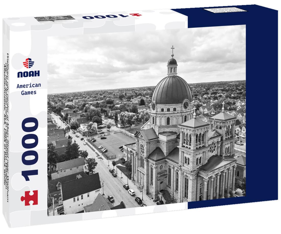 Noah Jigsaw Puzzle Waltham city center at Main Street near Waltham city hall aerial view in downtown Waltham, Massachusetts, MA, USA in black white 1000 pieces