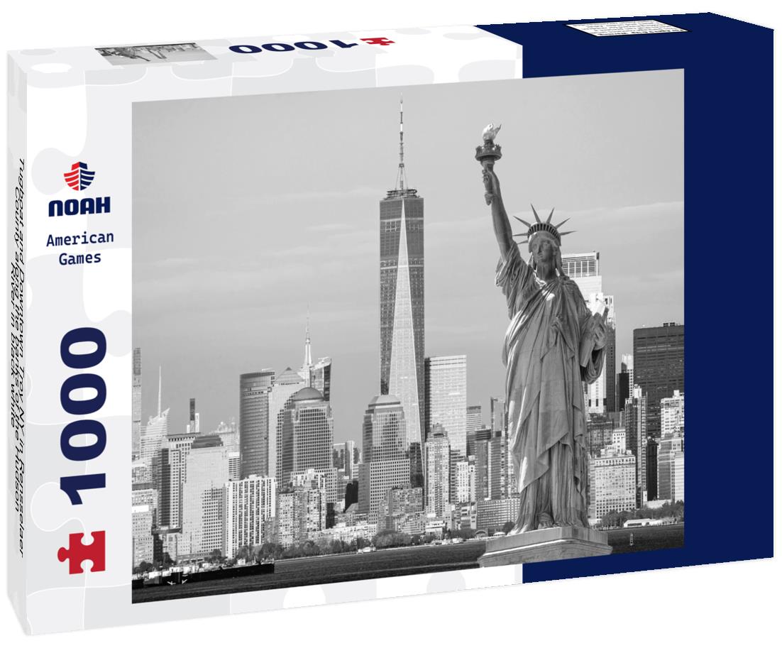 Noah Jigsaw Puzzle Tugboat and Downtown Troy NY in Rensselaer County along the banks of the Hudson River in black white 1000 pieces