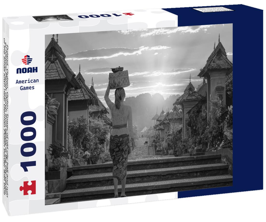 Noah Jigsaw Puzzle Poland, Guben, Gubin: Tower of old city hall and ruin of historic Parish church from below in the city center of the small town near German Polish border with blue sky in the background in black white 1000 pieces