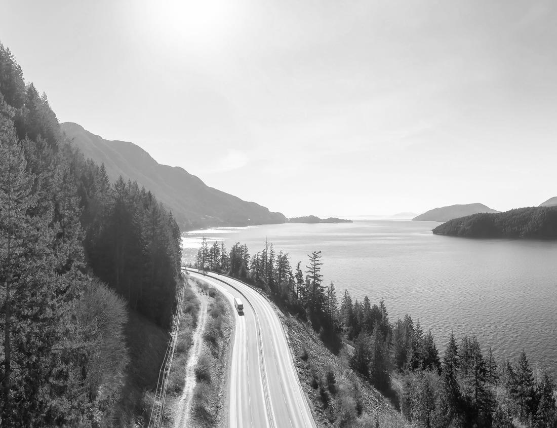 Noah Jigsaw Puzzle Aerial Panoramic View of the Sea to Sky Highway on the Pacific Ocean west coast on a sunny winter day, British Columbia, Canada. in black white 1000 pieces