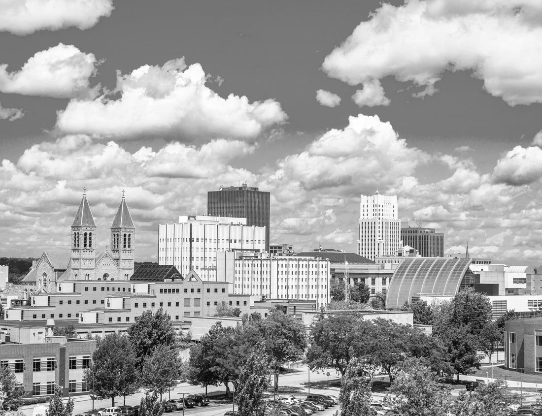 Noah Jigsaw Puzzle Akron downtown city skyline in the daytime, Ohio. in black white 1000 pieces