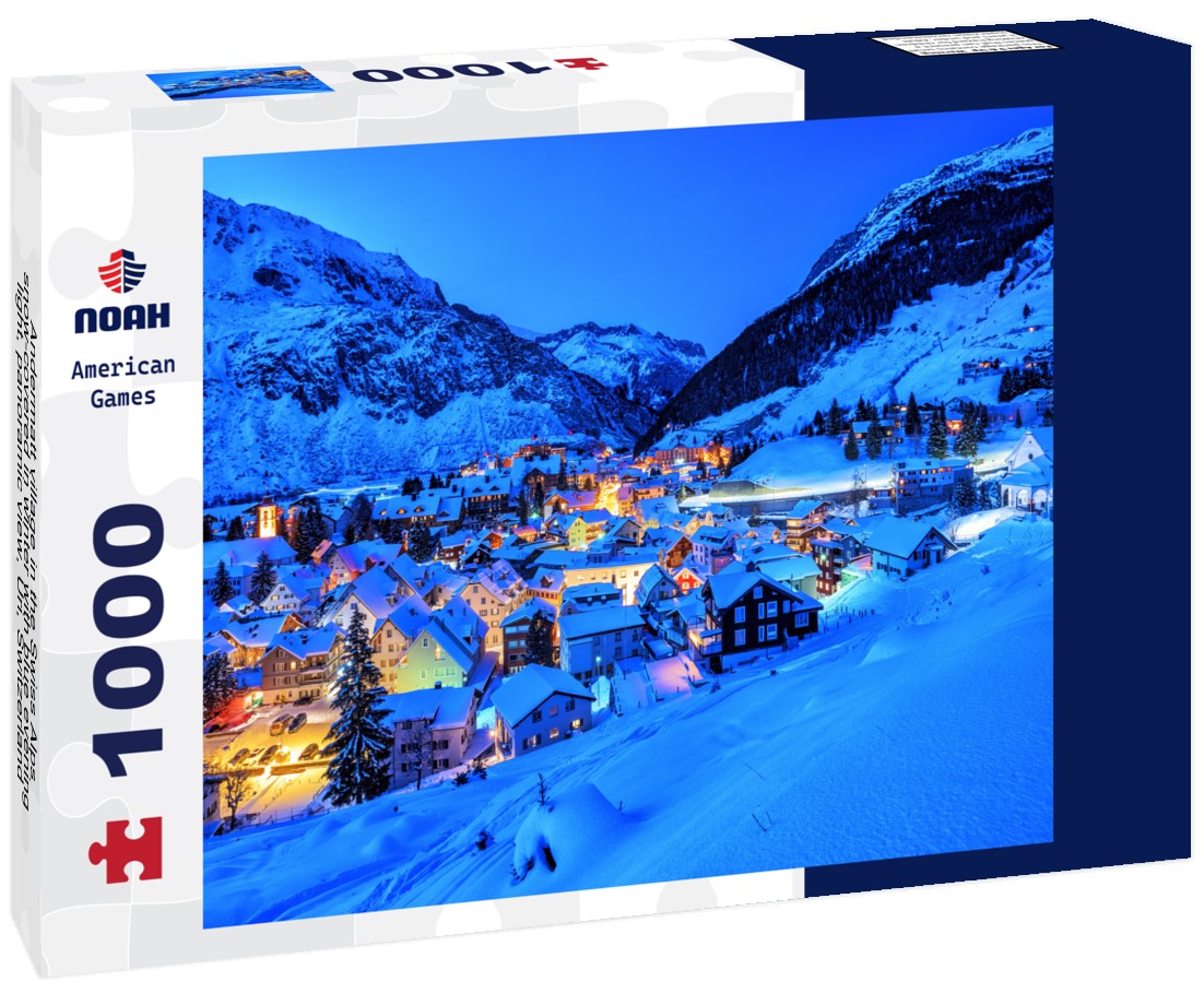 Noah Jigsaw Puzzle Andermatt village in the Swiss Alps, snow-covered in winter with blue evening light, panoramic view, Uri, Switzerland 1000 pieces