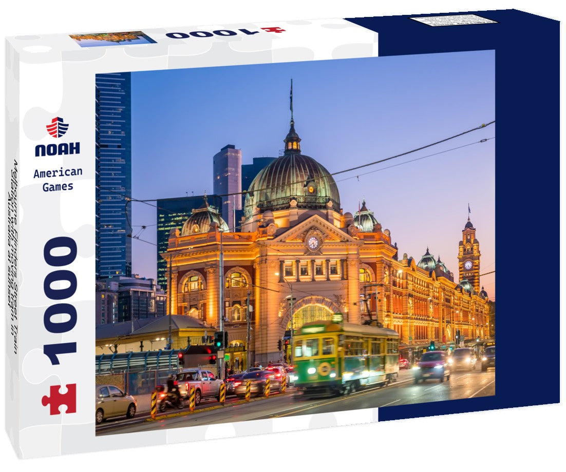 Noah Jigsaw Puzzle Melbourne Flinders Street Train Station with moving tram in Australia at sunset 1000 pieces