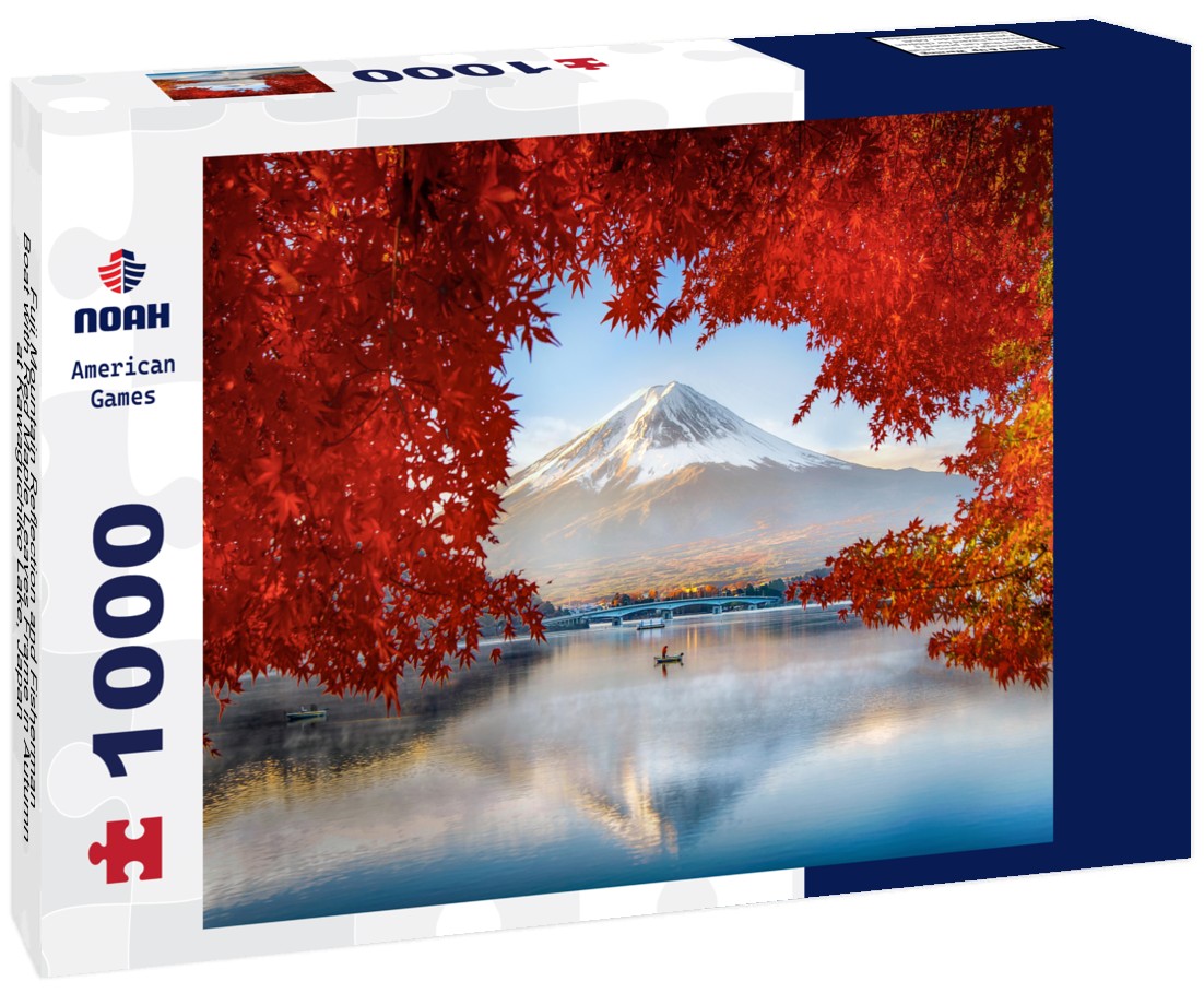 Noah Jigsaw Puzzle Fuji Mountain Reflection and Fisherman Boat with Red Maple Leaves Frame in Autumn at Kawaguchiko Lake, Japan 1000 pieces