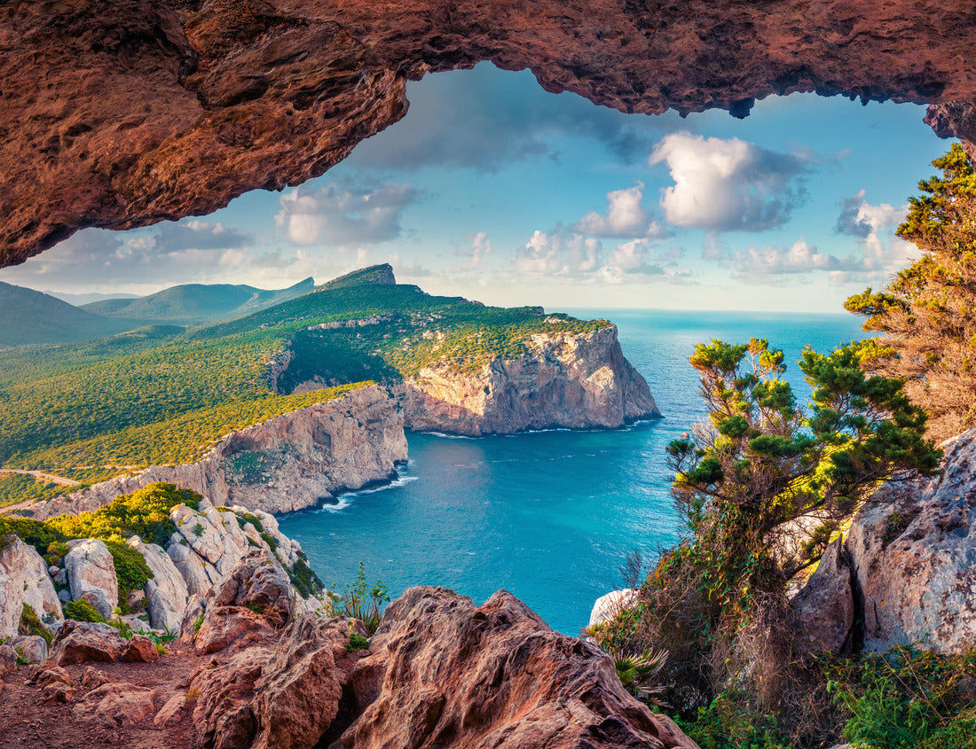 Noah Jigsaw Puzzle Amazing summer view of the Caccia Cape from the small cave in the cliff. Fantastic morning landscape of Sardinia, Italy 1000 pieces