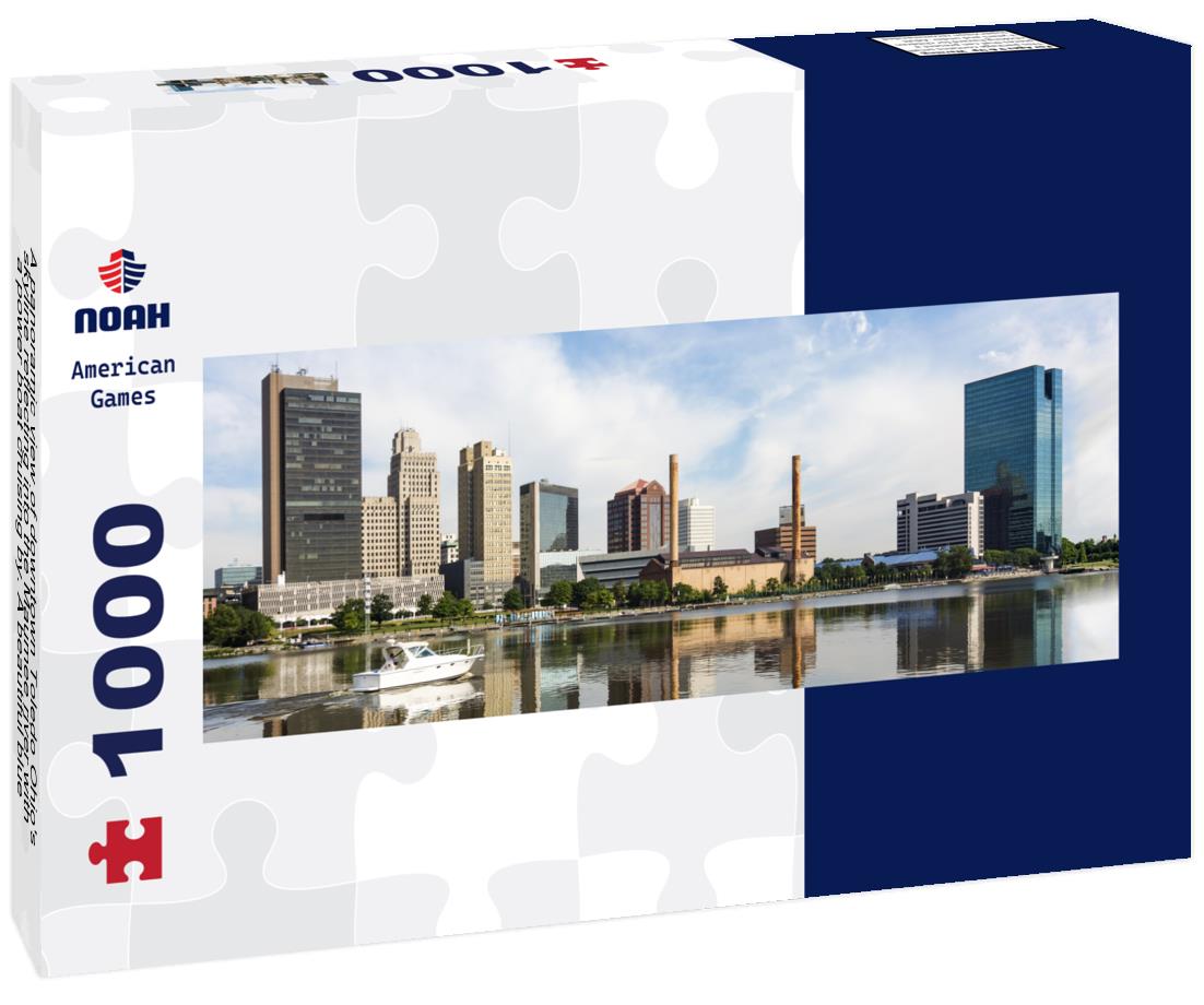 Noah Jigsaw Puzzle A panoramic view of downtown Toledo Ohio's skyline reflecting into the Maumee river with a power boat cruising by. A beautiful blue sky with white clouds for a backdrop panorama 1000 pieces