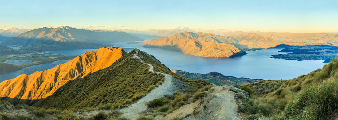 Noah Jigsaw Puzzle Breathtaking panoramic view from Roys Peak on Lake Wanaka with golden sunlight at dusk, South Island, New Zealand Panorama 1000 Pieces