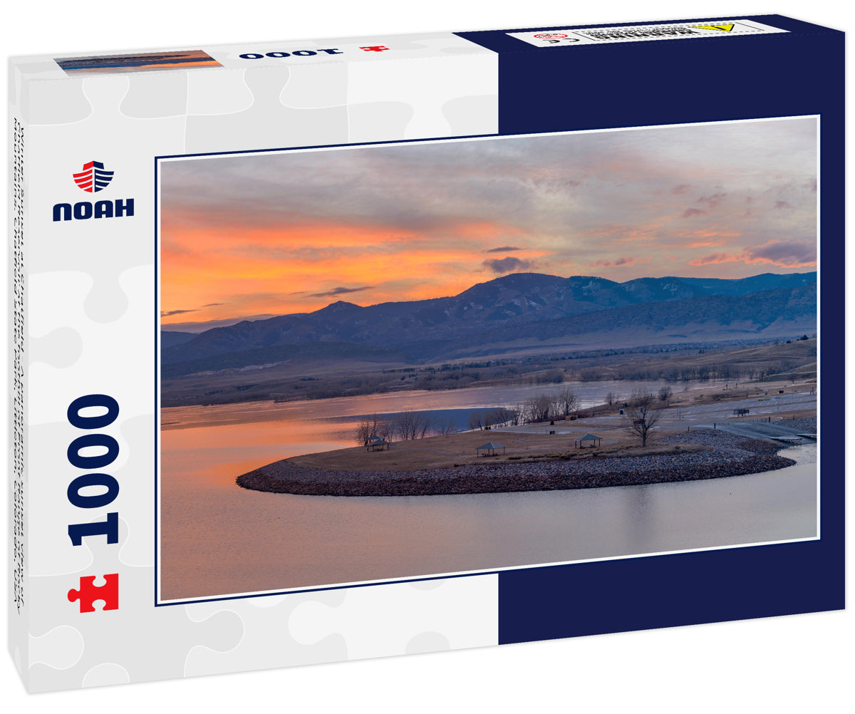 Winter Sunset at Chatfield - A panoramic sunset view of Chatfield Reservoir at the foothill of Front Range of Rocky Mountains. Chatfield State Park, Littleton, Colorado, USA