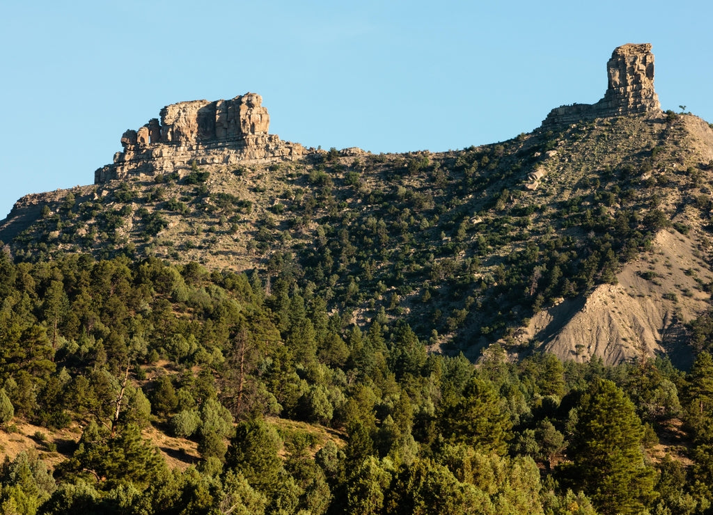 The Chimney Rock Archaeological Area, near Pagosa Springs, Colorado, with Chimney Rock on the far right, Companion Rock on the left