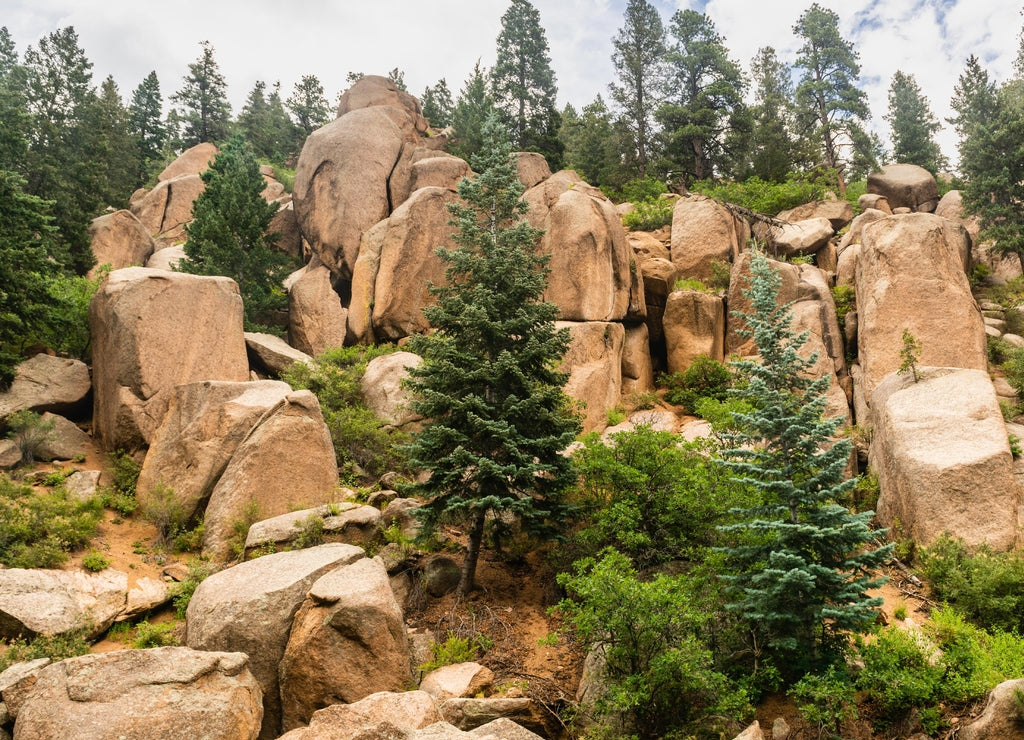 Rocky scenery seen from Pikes Peak Railway in Pike National Forest, Colorado