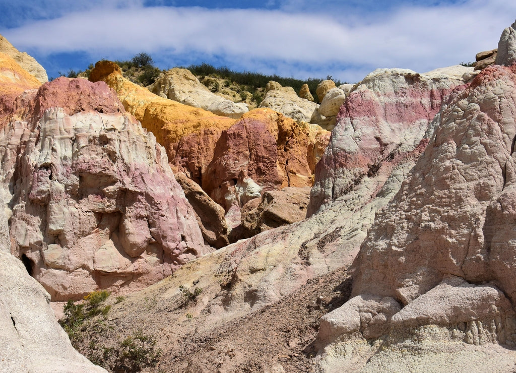 The fantastically-colored and eroded pink and yellow hoodoos of the paint mines, near Calhan, in El Paso County, Colorado