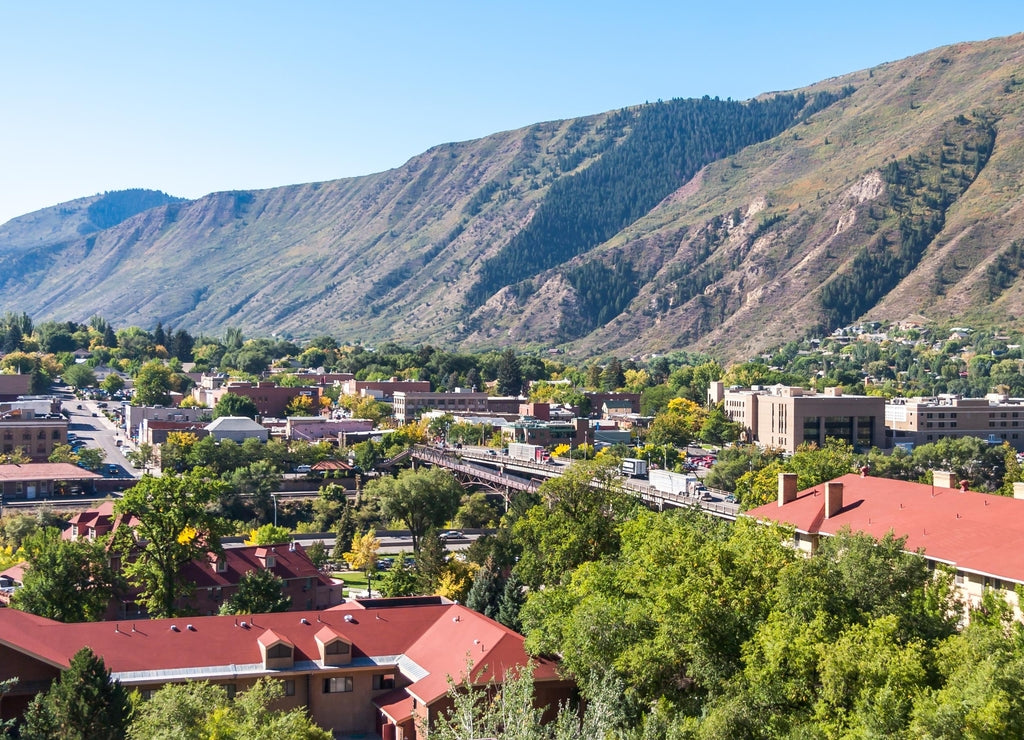 Historic downtown Glenwood Springs, with mountains in background, Garfield County, Colorado