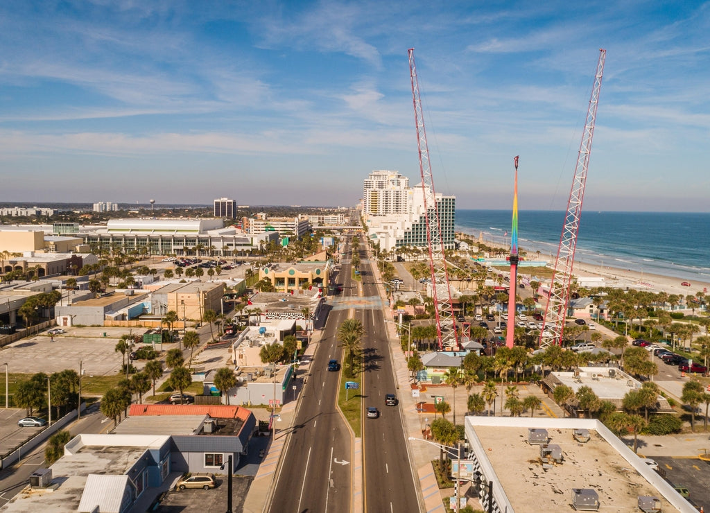Daytona Beach, Florida: Symmetrical shot over A1A showing off the iconic Daytona Beach skyline and amusements.