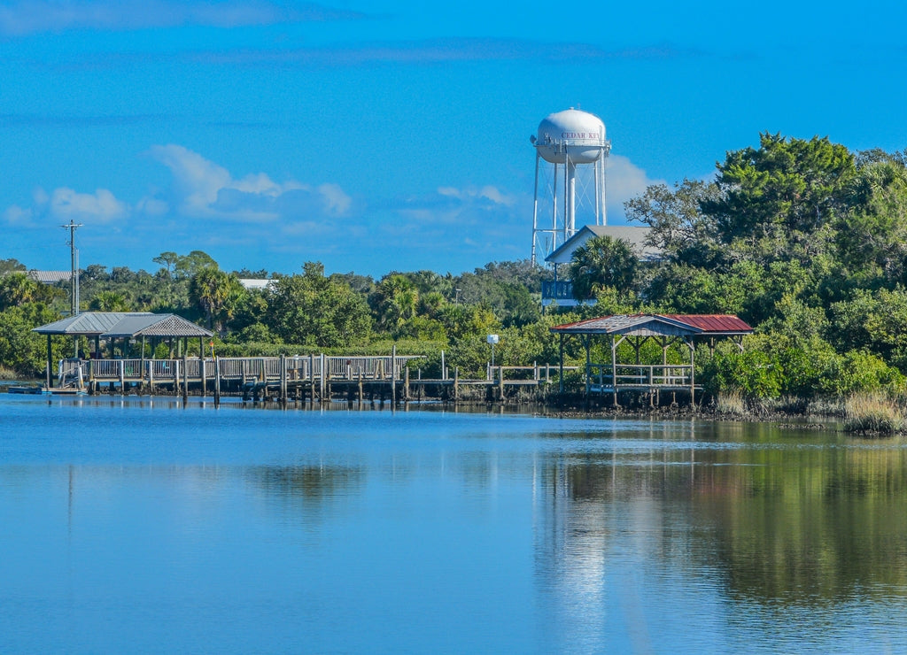 The Cedar Key Water Tower and Fishing Pier on the Island City of Cedar Key, Levy County, Florida