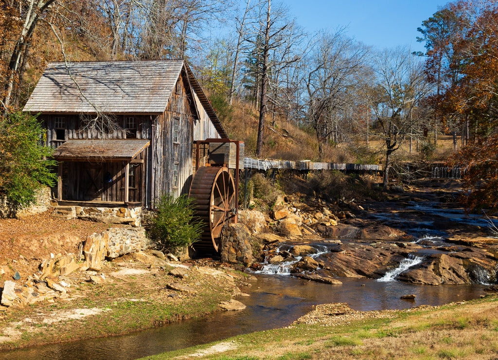 Historic Sixes Mill from the 1800s in Canton, Georgia, during autumn