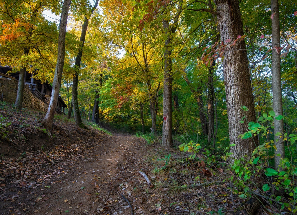 Old rustic stone building and dirt path through an autumn forest in Pere Marquette state park Illinois