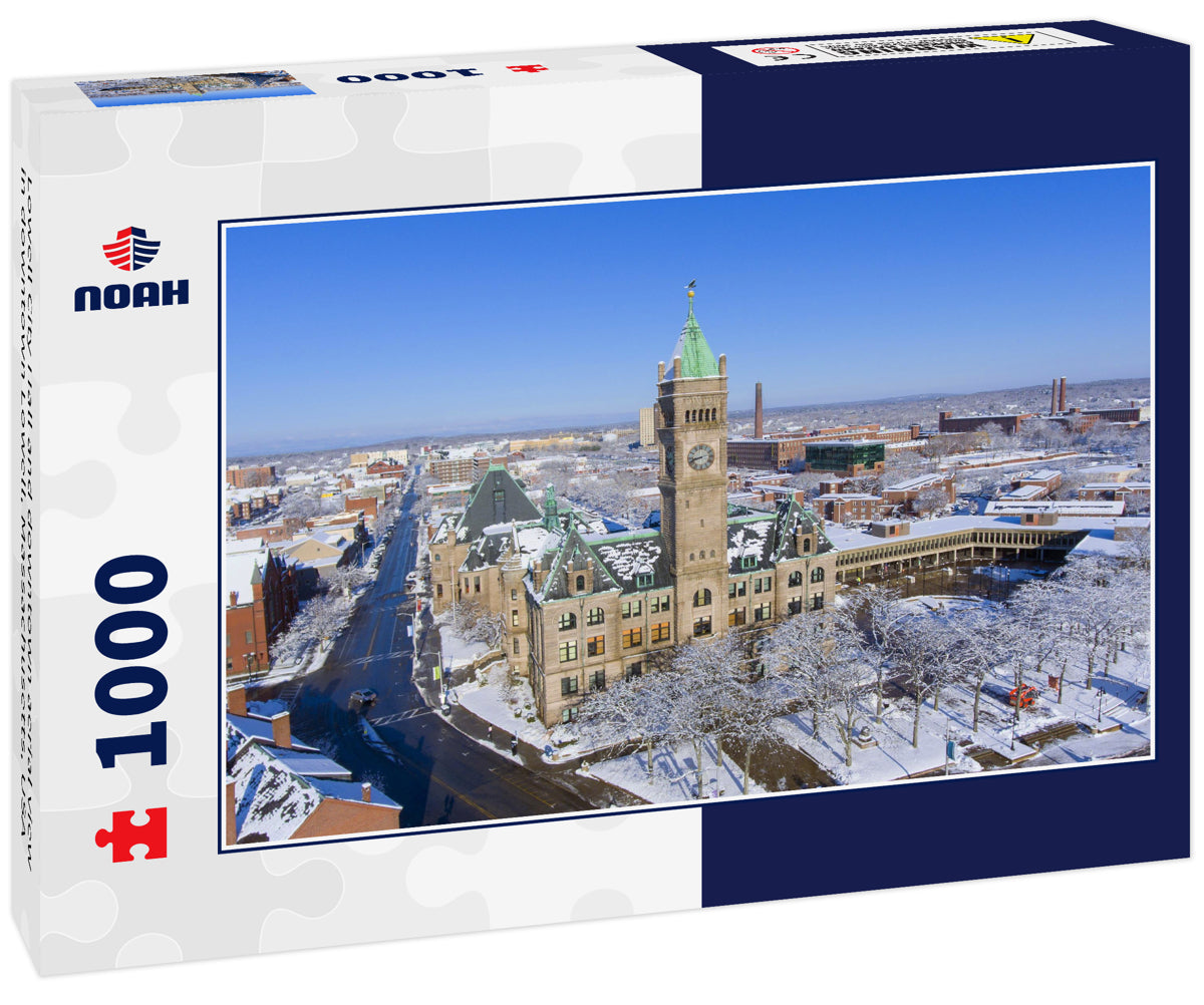 Lowell City Hall and downtown aerial view in downtown Lowell, Massachusetts, USA