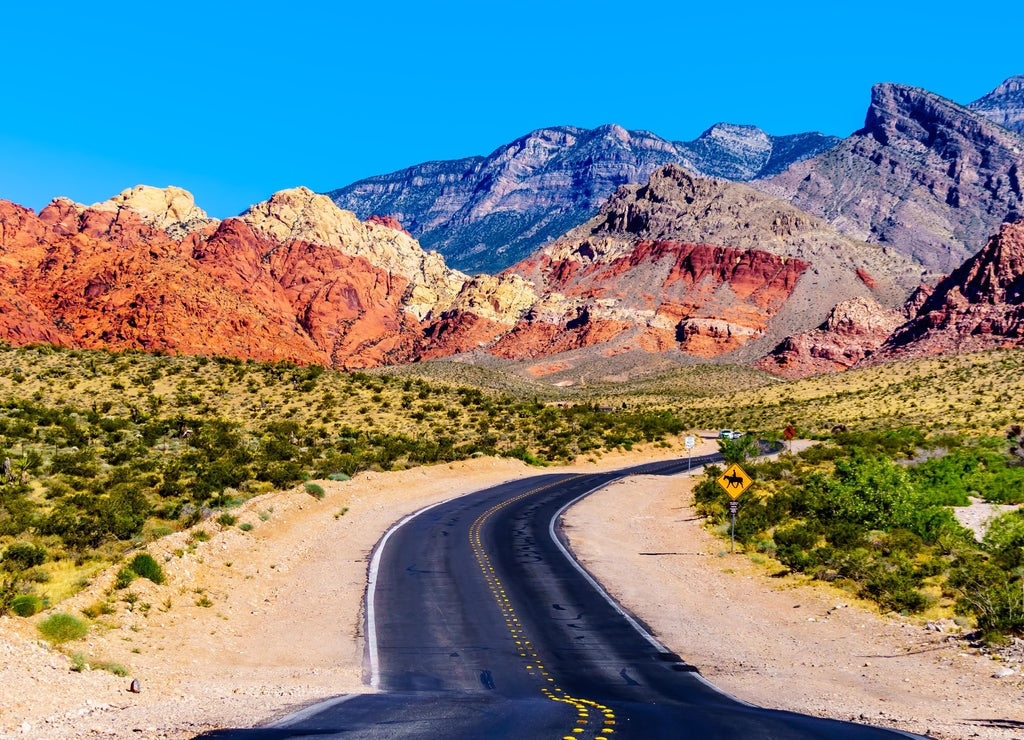 View of the Red Sandstone Mountains from the winding Calico Canyon Road near Red Rock Canyon National Conservation Area near Las Vegas, Nevada, USA