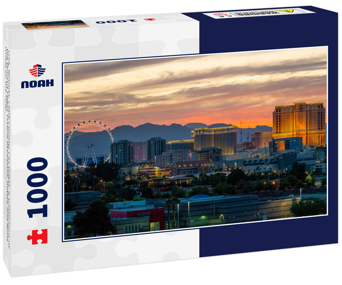 USA, Nevada, Clark County, Las Vegas. A scenic view of the famous Vegas skyline of casinos, hotels, and ferris wheel on the strip