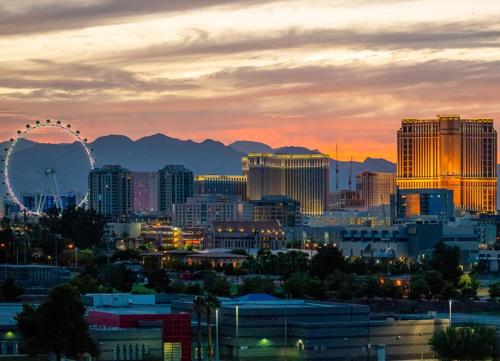 USA, Nevada, Clark County, Las Vegas. A scenic view of the famous Vegas skyline of casinos, hotels, and ferris wheel on the strip