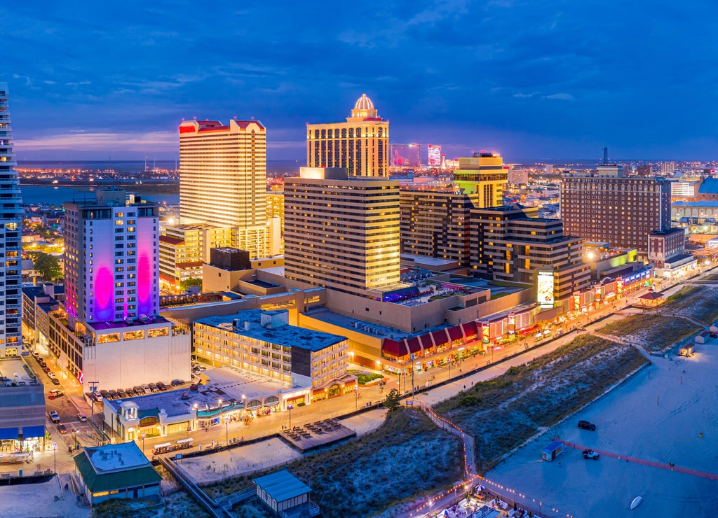 Atlantic city along the boardwalk at dusk