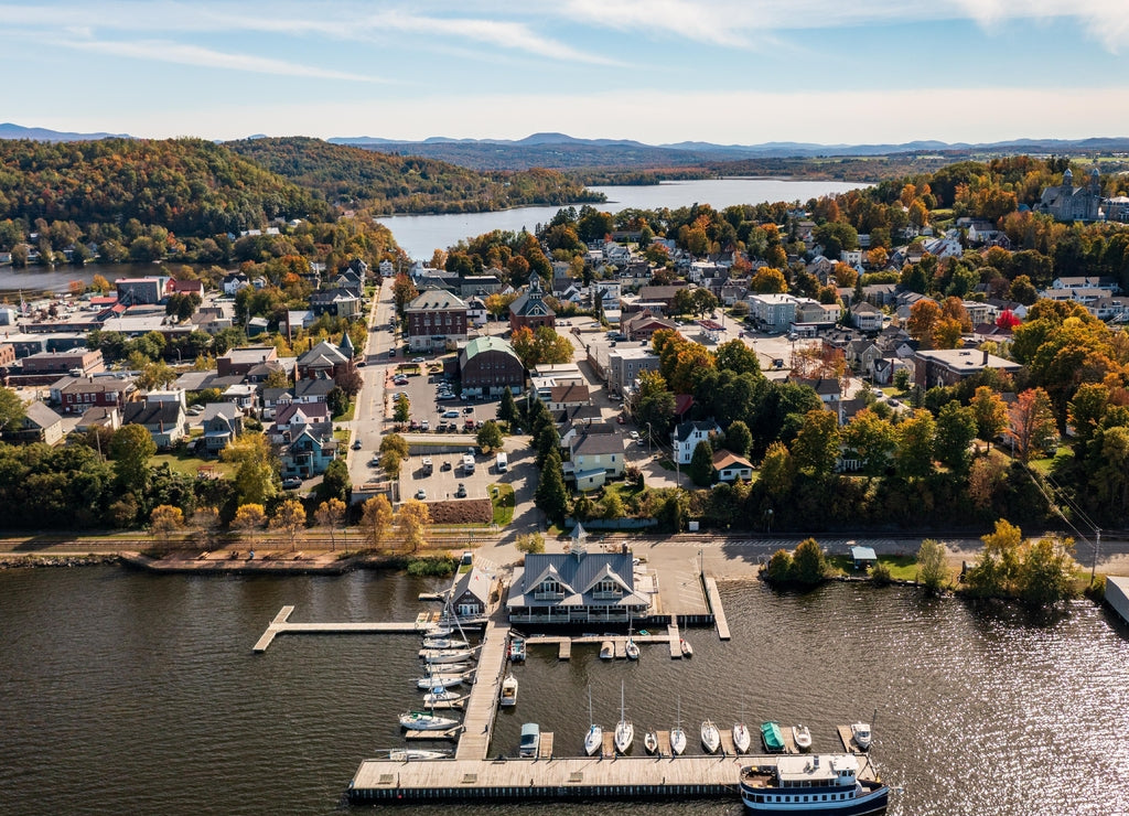 Newport in Vermont from above the lake with autumn colors and leaves