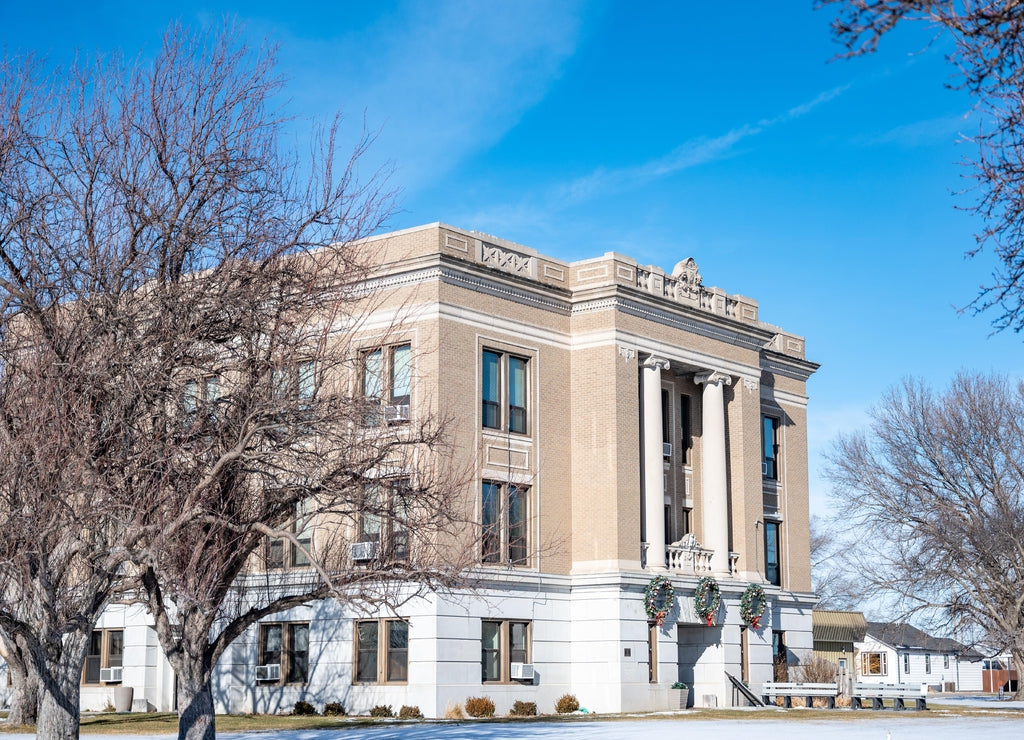 Outside view of the Sheridan County Courthouse in Hoxie, Kansas, USA. A historic old building.