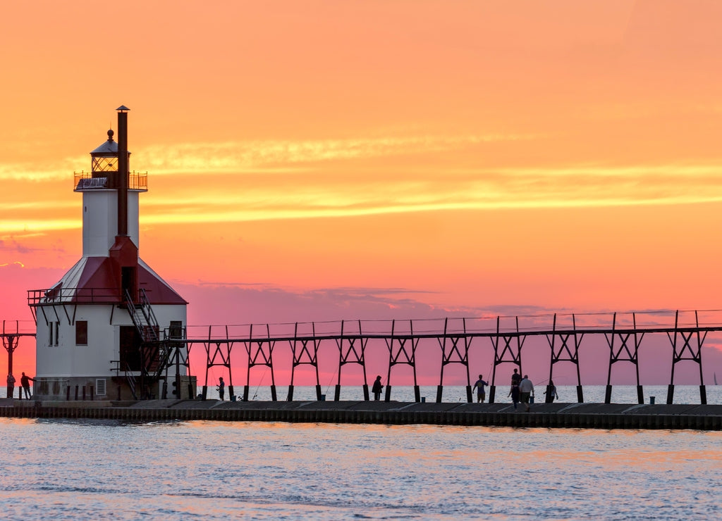 St. Joseph Lighthouses Sunset Panorama - Lake Michigan Coast at St. Joseph, Michigan