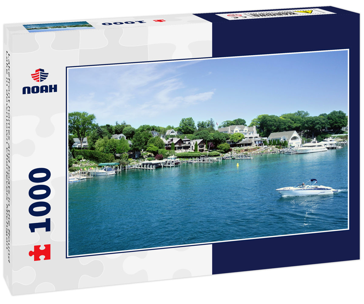 Lakefront homes and boats in the Round Lake in downtown Charlevoix Michigan