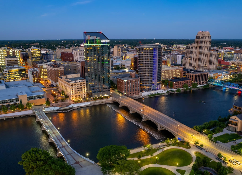 Aerial view of the downtown buildings in Grand Rapids, Michigan