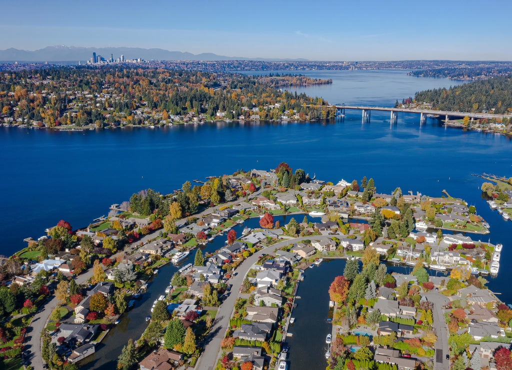 USA, Washington State, Bellevue. Newport Shores neighborhood, Lake Washington and SR520 floating bridge in autumn, with Seattle in distance