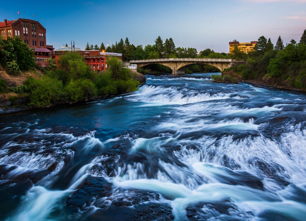 Spokane Falls at sunset, in Spokane, Washington