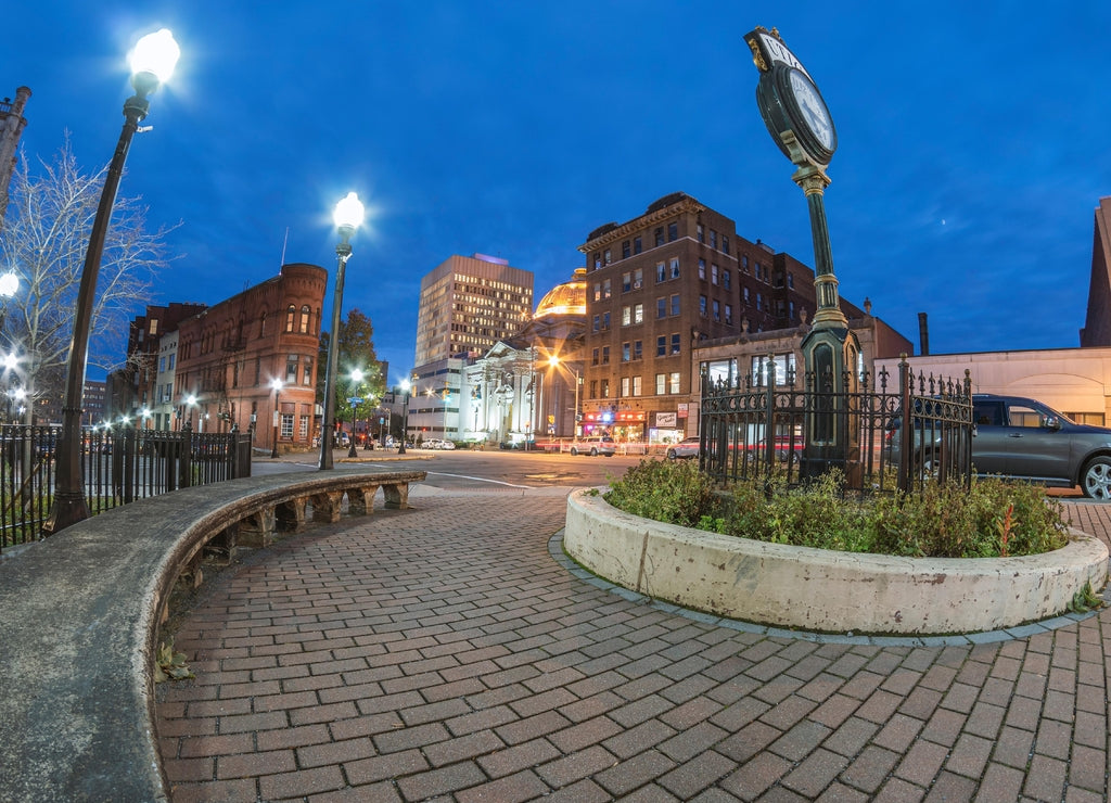 Utica, New York: Fisheye View of the Historic Area Buildings in Lower Genesee Street in downtown Utica