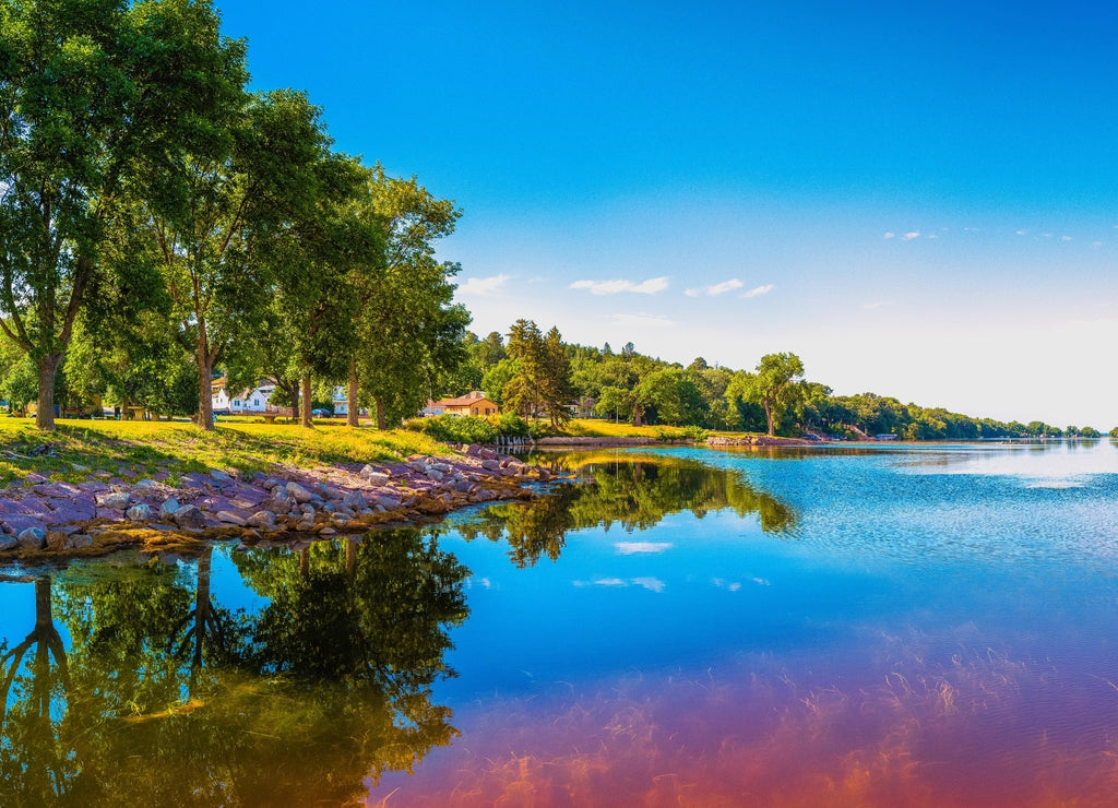 Tranquil sunset forest and marina landscape of Big Stone Lake in Ortonville, Minnesota