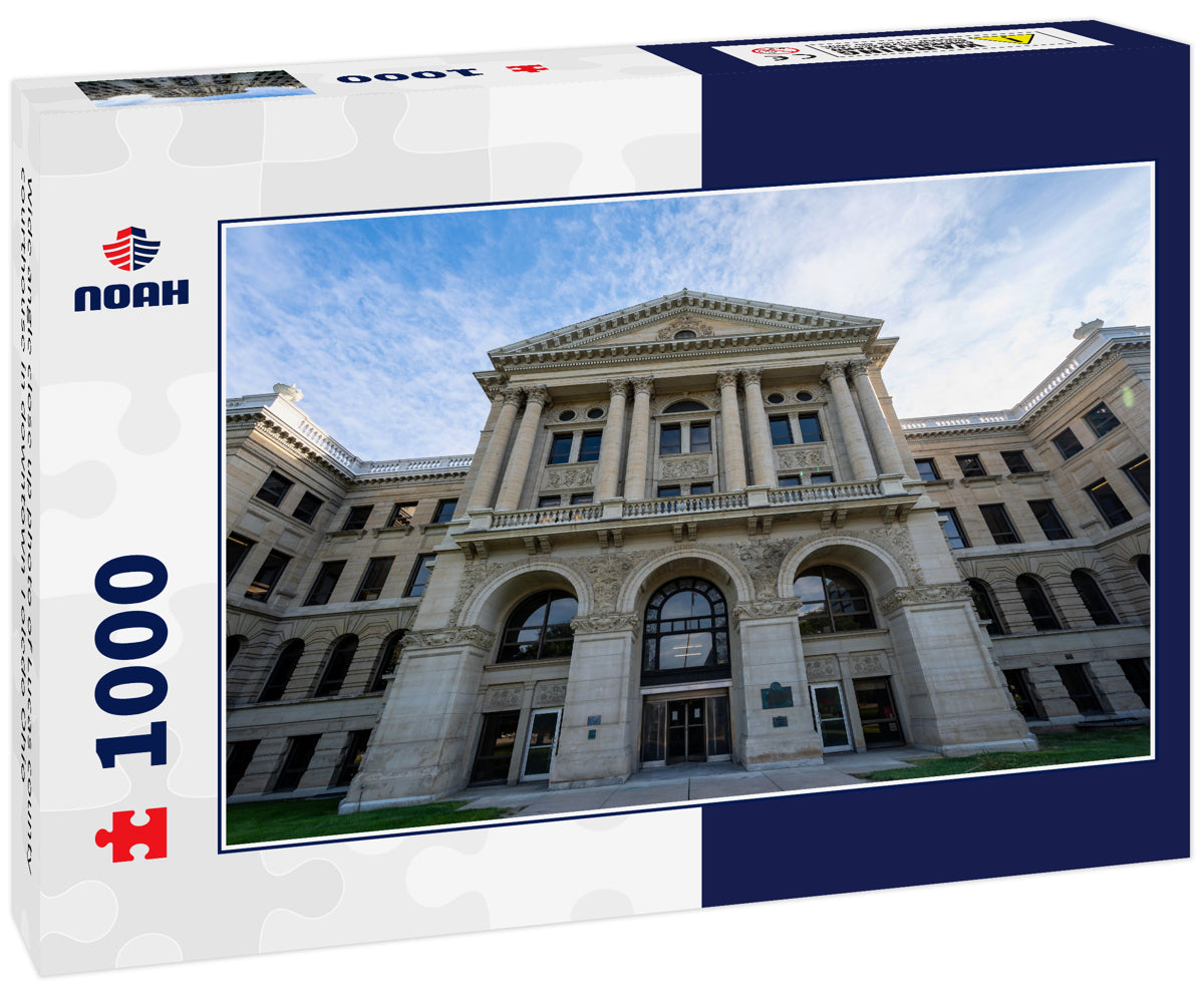 Wide angle close up photo of Lucas county courthouse in downtown Toledo Ohio