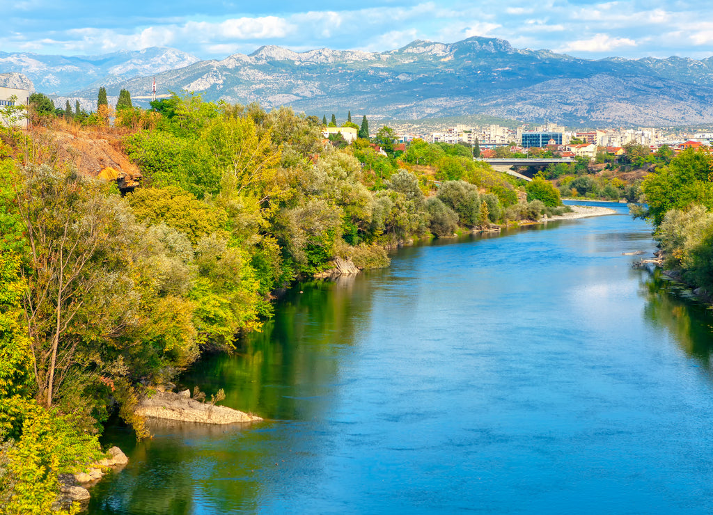 View of Moraca River and Mountains in Podgorica Montenegro