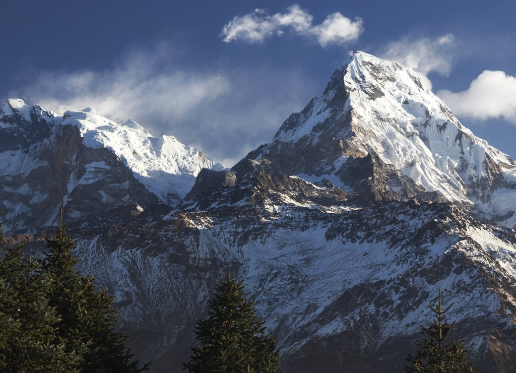 Scenic Landscape View of Snowy Annapurna Peak from Poon Hill in Nepal Himalaya Mountains