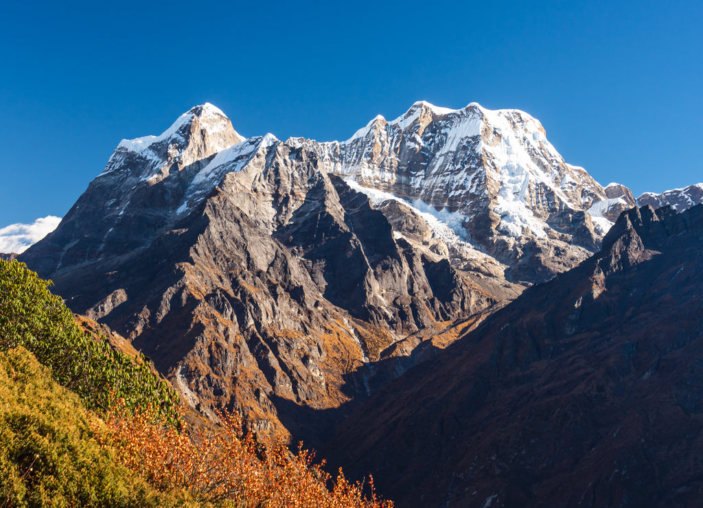Mera peak, highest trekking peak in Everest region, Himalaya mountains, Nepal. Panoramic banner portion