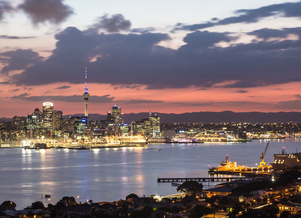 Stunning sunset over Auckland in New Zealand