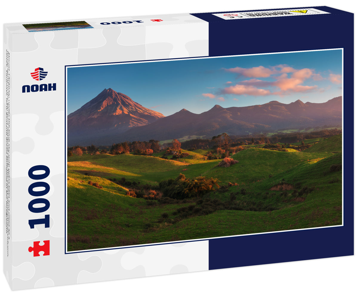Mount Taranaki under the blue sky with grass field and cows as a foreground in the Egmont National Park, the most symmetrical volcanic cones, Taranaki, New Zealand Green farmland in the foreground