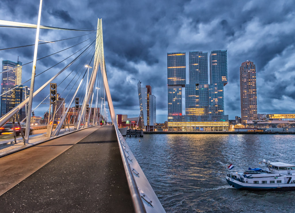 Rotterdam skyline. Beautiful view after sunset