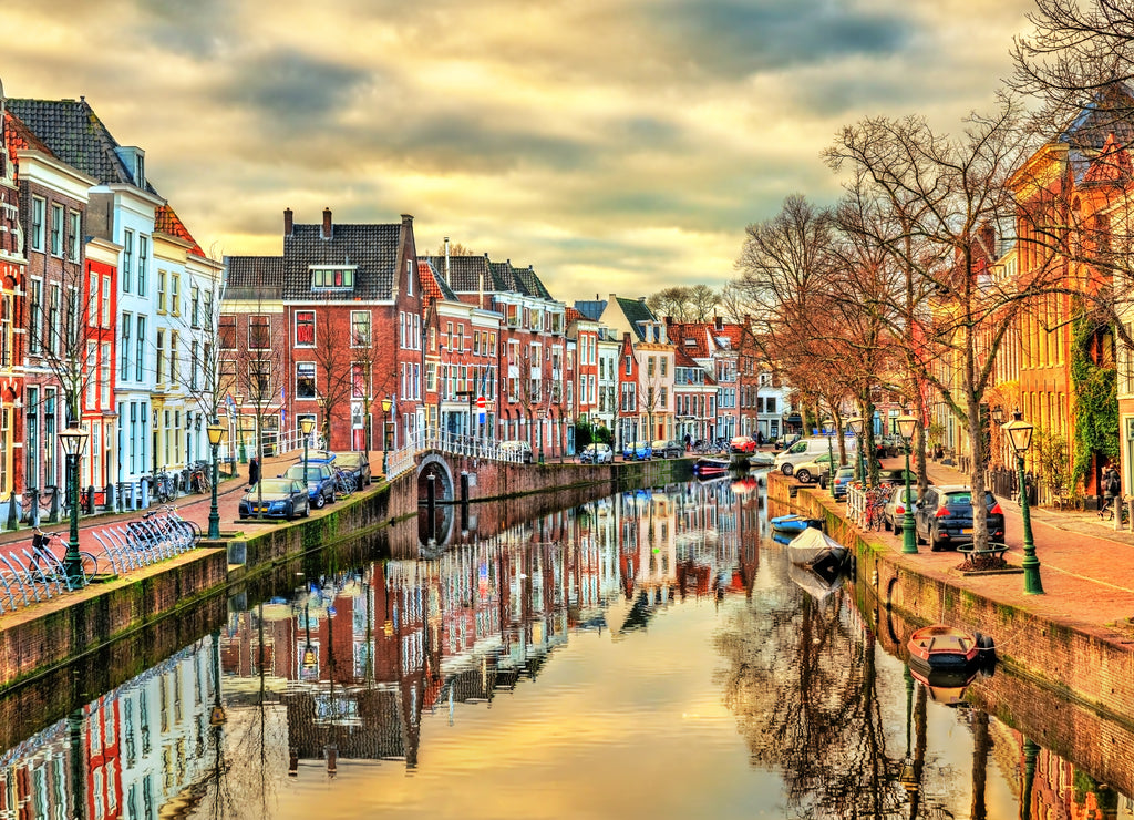 Traditional houses beside a canal in Leiden, the Netherlands