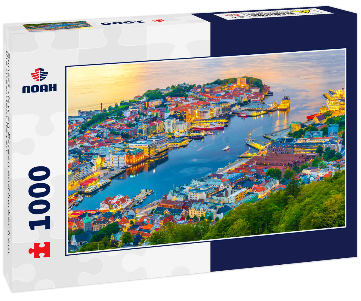 Sunset view on Bergen and harbor from the mountain floyen