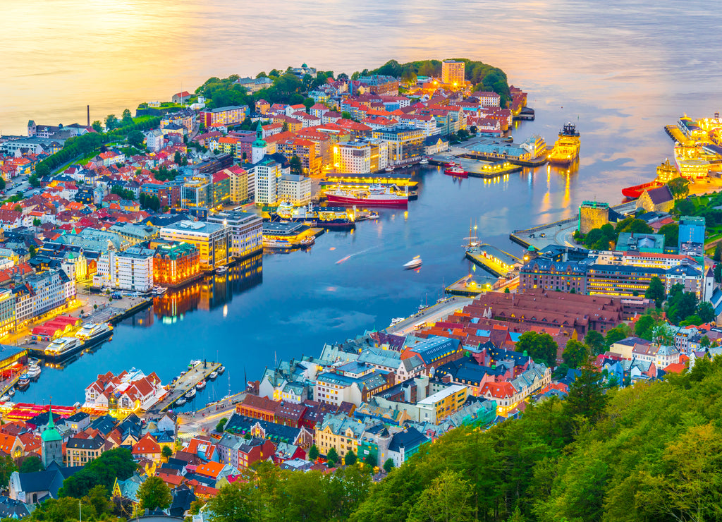 Sunset view on Bergen and harbor from the mountain floyen