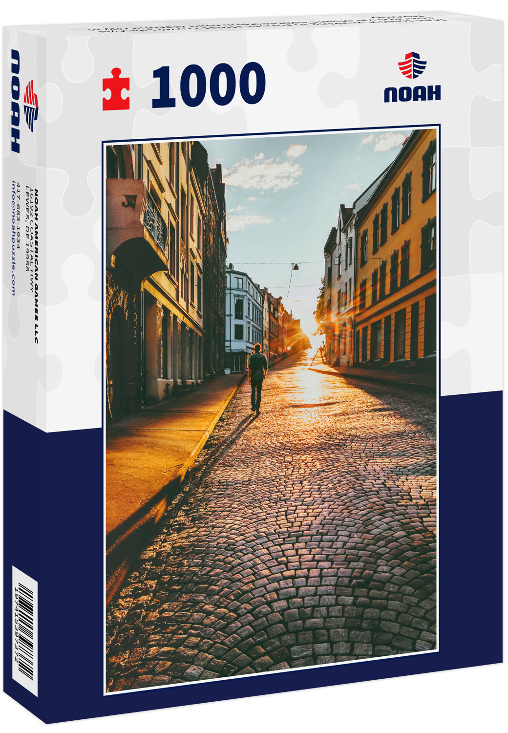Man tourist walking in sunset street Travel Lifestyle concept vacations cobblestone road Alesund city in Norway